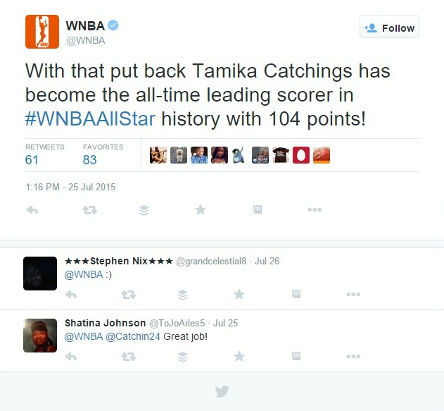 Tamika Catching WNBA All Star Game All time leading scorer
