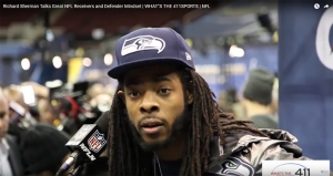Richard Sherman, Cornerback, Seattle Seahawks (NFL), talking with What’s The 411Sports correspondent Andrew Rosario about the great receivers in the NFL during Super Bowl Media Day
