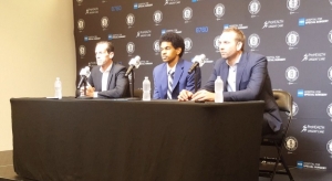 Jarrett Allen (center) with Nets head coach Kenny Atkinson (left) and Nets general manager Sean Marks 