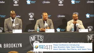 Kevin Garnett, Paul Pierce, and Jason Terry reacting to a question about their age at press conference introducing them as newest members of the Brooklyn Nets