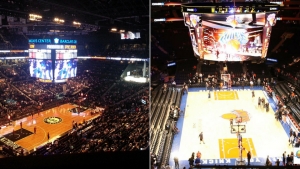 Barclays Center, home of the Brooklyn Nets (l) and Madison Square Garden, home of the New York Knicks