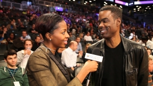 Comedian Chris Rock chatting with What&#039;s The 411SPORTS correspondent, Crystal Lynn, prior to a Brooklyn Nets game