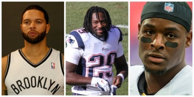 L to r: Brooklyn Nets guard Deron Williams, New England Patiots LeGarrette Blount, and Pittsburgh Steelers Le&#039;Veon Bell