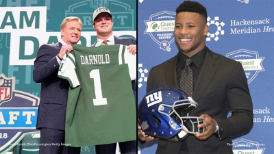 Photo (l to r): Sam Darnold with NFL Commissioner, Roger Goodell selected by the New York Jets and Saquon Barkley selected by New York Giants at NFL Draft 2018 on April 26, 2018