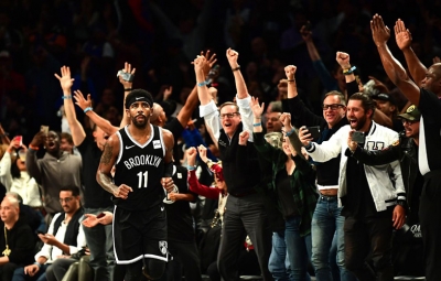 Kyrie Irving receives praise from Brooklyn Nets’ fans after hitting a clutch 3-pointer in the closing seconds of a game against the New York Knicks on October 25, 2019, at the Barclays Center