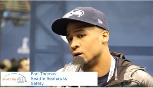 Earl Thomas, Seattle Seahawks free safety, talking with What’s The 411Sports correspondent Andrew Rosario at Super Bowl XLVIII Media Day