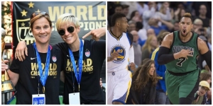 Photo left to right: US Women National Soccer Team players celebrate World Cup win with parade in NYC. Celtic’s Jared Sullinger celebrates 109-106 win over Golden State Warriors