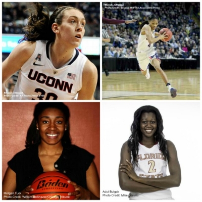 Photos clockwise from top left: Breanna Stewart, drafted by the Seattle Storm; Moriah Jefferson, drafted by the San Antonio Stars; Morgan Tuck, drafted by the Connecticut Sun; and Adut Bulgat drafted by the New York Liberty