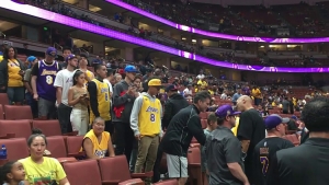 Los Angeles Lakers fans lining up to take photos with LaVar Ball