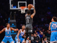 NBA Basketball: Brooklyn Nets guard D'Angelo Russell (1) shoots a jumper over Sacramento Kings, on Monday, Jan. 21, 2019, in New York.  