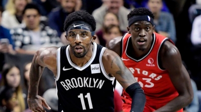 Kyrie Irving led all scorers with 19 points in the loss to the Toronto Raptors on Friday, October 18, 2019, at the Barclays Center in Brooklyn.