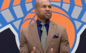 Derek Fisher speaking to the New York media after being named head coach of the New York Knicks