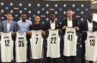 Brooklyn Nets introduce at press conference left to right: Joe Harris, Trevor Booker, Jeremy Lin, CarisLeVert, Justin Hamilton and Anthony Bennett