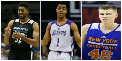 Karl-Anthony Towns; D&#039;Angelo Russell; and Kristaps Porzingis at 2015 NBA Summer League