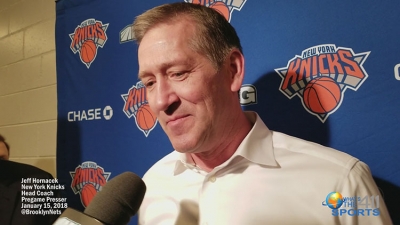 Jeff Hornacek, New York Knicks head coach, briefing reporters prior to a game against the Brooklyn Nets at the Barclays Center on Martin Luther King Jr. Day  
