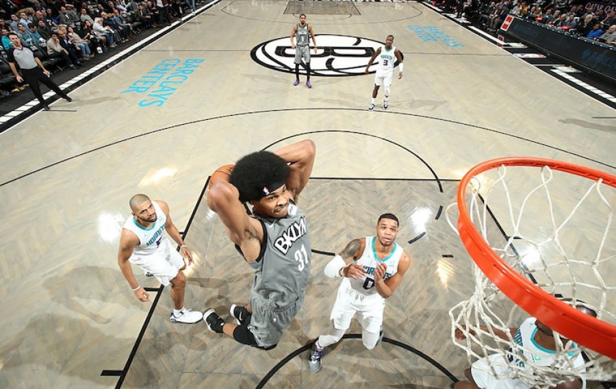Brooklyn Nets center Jarrett Allen goes for a dunk against the Charlotte Hornets at the Barclays Center in Brooklyn, NY, on November 20, 2019, and; the Nets defeated the Hornets 101-91.