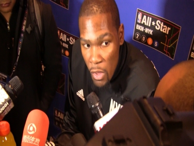 Kevin Durant talking with reporters during NBA All-Star