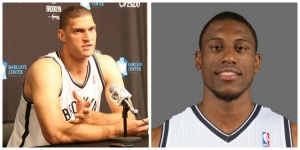 Photo left to right: Brooklyn Nets center Brook Lopez and forward Thaddeus Young
