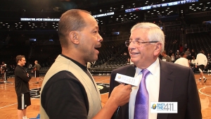 NBA Commissioner, David Stern, talking with What&#039;s The 411 reporter, Andrew Rosario, on opening night of the Barclays Center, home of the Brooklyn Nets
