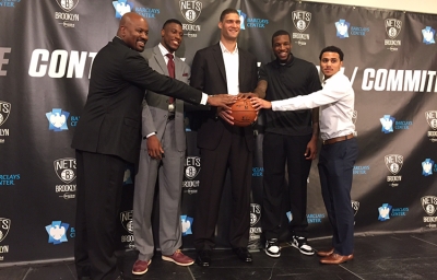 Photo left to right: Brooklyn Nets General Manager Billy King; and players Thaddeus Young; Brook Lopez; Thomas Robinson; and Shane Larkin