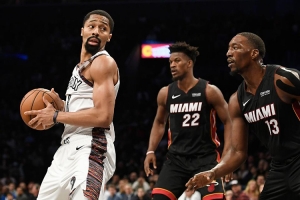Spencer Dinwiddie, Brooklyn Nets point guard, leads Brooklyn Nets to a 117-113 victory over the Miami Heat at the Barclays Center in Brooklyn, NY, on Friday, January 10, 2020.