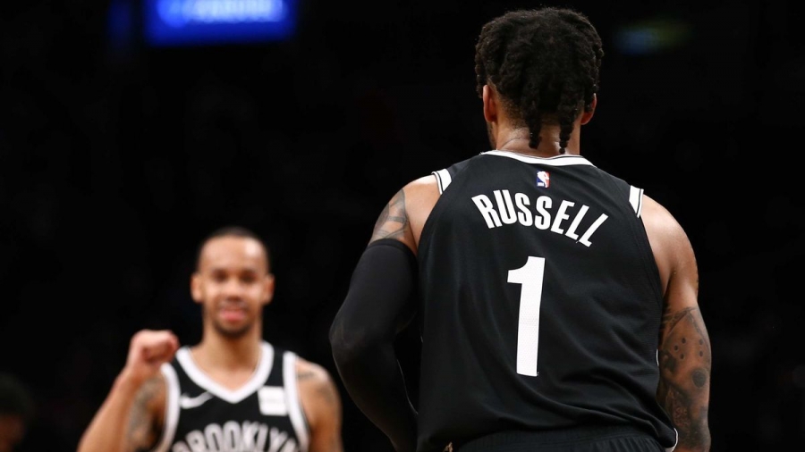 Brooklyn Nets guard Shabazz Napier (left background) and D’Angelo Russell (right foreground) combine for 54 points in the Brooklyn Nets’ 122-117 win over the Chicago Bulls  