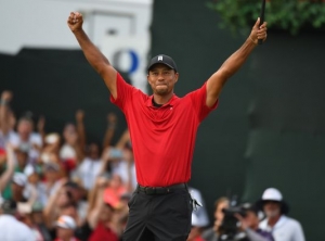 Tiger Woods, excitedly acknowledging his Tour Championship win.