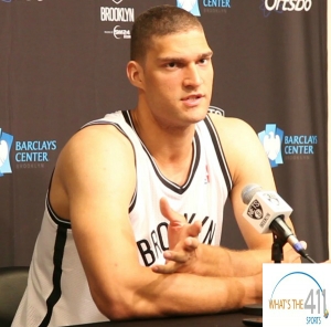 Brooklyn Nets center Brook Lopez talking with the media