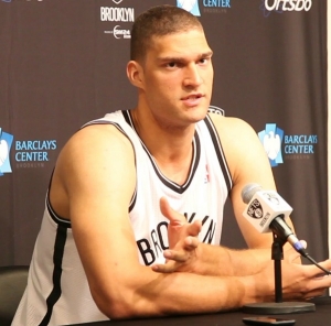 Brook Lopez talking with the media during a post-game presser